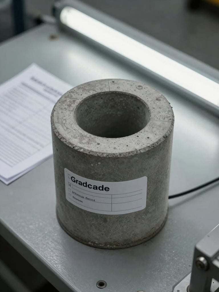 Close-up overhead shot of a concrete test cylinder on a flat industrial surface, grade marker label and batch documentation paperwork visible beside it under flat warehouse fluorescent light, documentary framing, no people