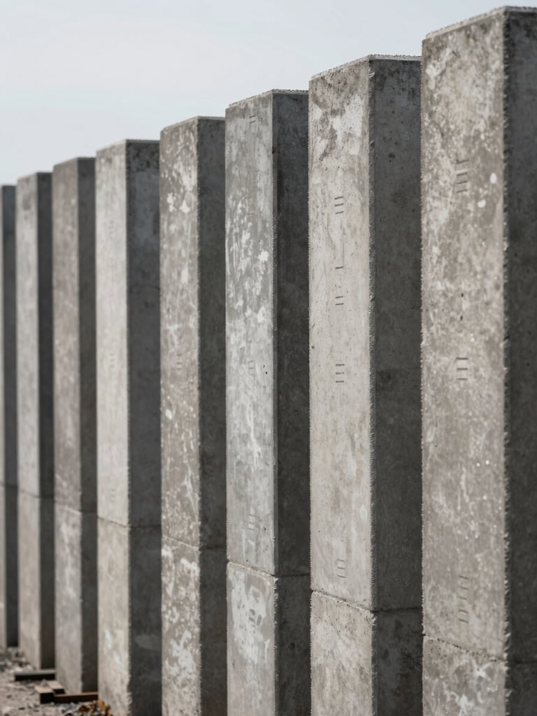 Close-range documentary shot of stacked precast concrete columns in a yard, rows receding into depth, clear overcast daylight, grade markings visible on column faces, industrial scale conveyed by tight framing