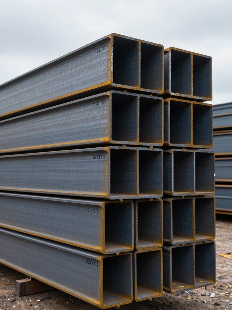 Close-up wide shot of bundled structural steel W-beams stacked in a yard under open overcast sky, grade stencils visible on the flanges, industrial quantity conveying load-ready inventory at commercial scale