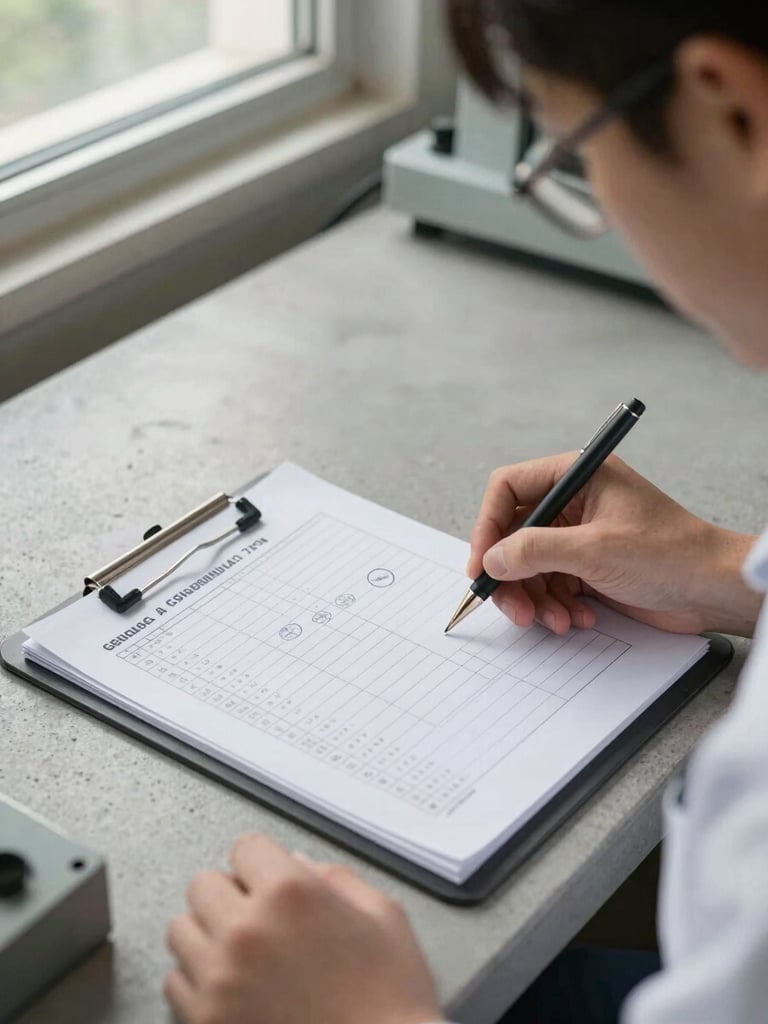 Close-up documentary shot of a quality-control technician's clipboard with material grade specification sheets on a concrete testing bench, natural daylight from a side window, grade stamps and tolerance figures clearly visible