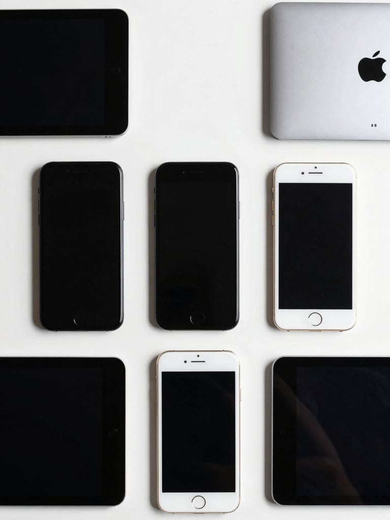 Overhead flat-lay of three iPhones and two iPads arranged in a neat row on a white surface, screens off, bright neutral overhead lighting, clinical device management framing