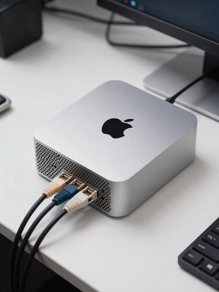 Close overhead shot of an Apple Mac mini and neatly routed network cables on a white desk in a compact Sussex IT workspace, studio light, clinical and precise, no people