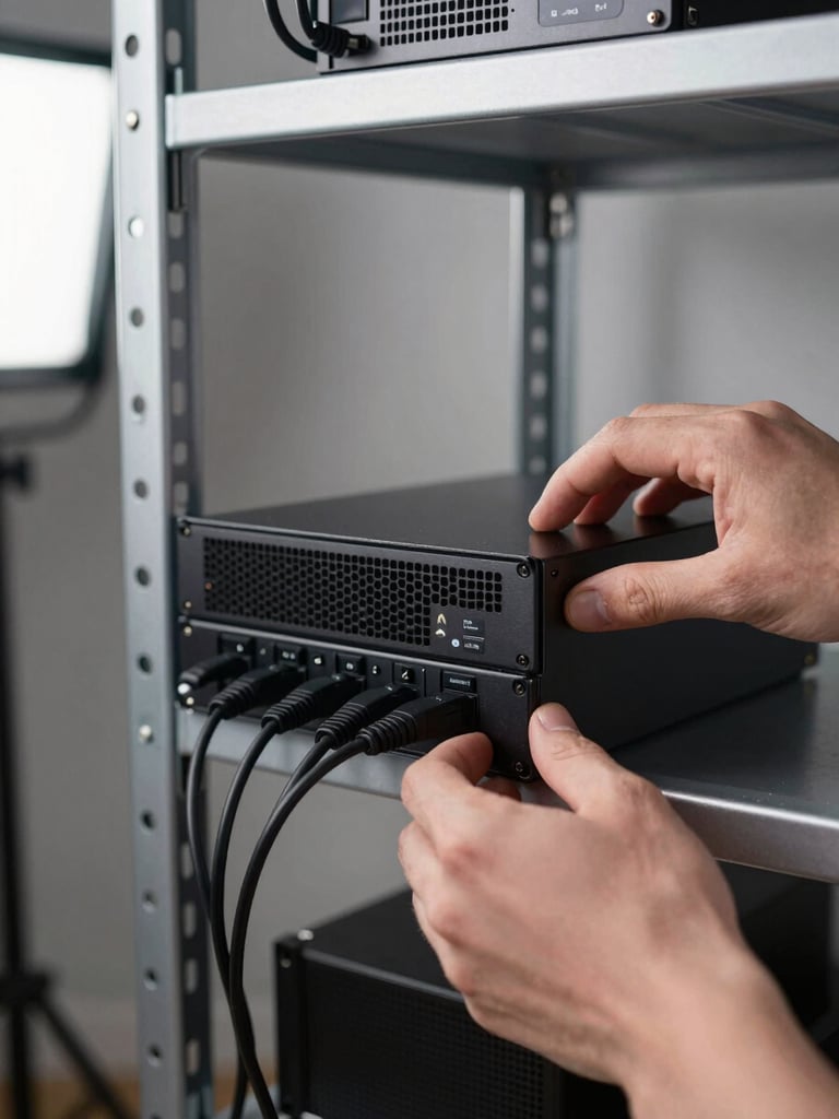 Close-up of hands configuring a Mac mini server unit on a rack shelf, bright neutral studio light from the left, cables neatly routed, technical precision framing