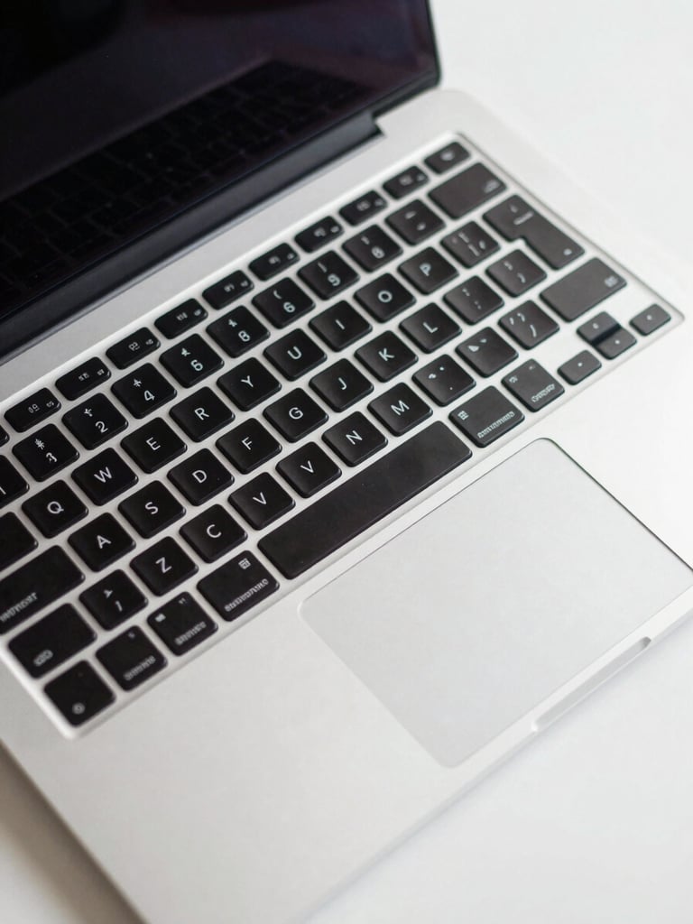 Overhead close-up of an open MacBook Pro on a clean white desk, keyboard in sharp focus, studio lighting from above, no people, precise and clinical framing