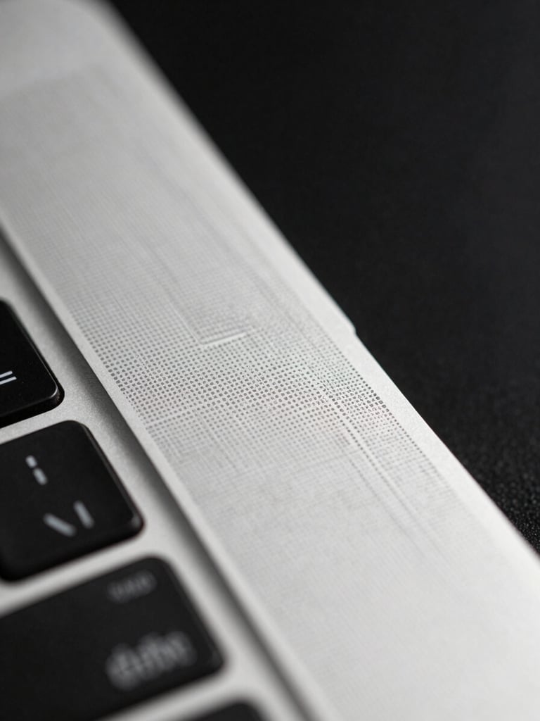Extreme close-up of a MacBook Pro Touch ID sensor and keyboard corner, sharp studio light from the right, black background, security and precision theme