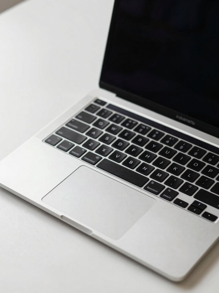 Close-up of a MacBook Pro open on a minimal white desk, keyboard and screen in sharp focus under neutral studio light, crisp clinical framing with no lifestyle elements, shot from slightly above at a three-quarter angle