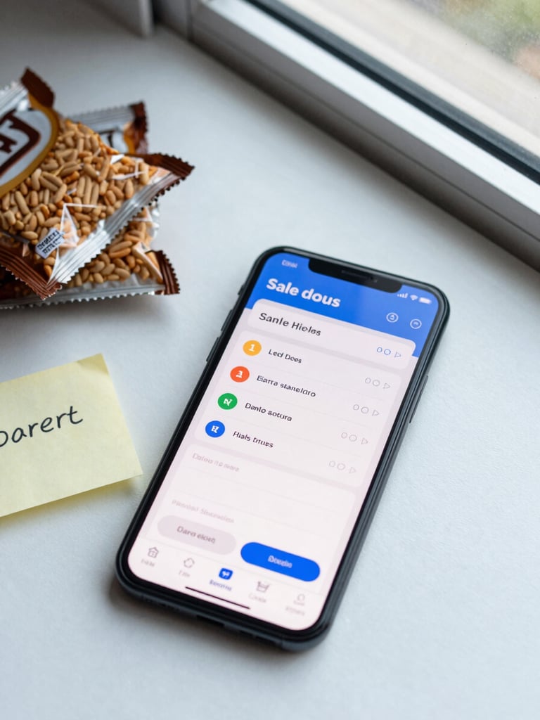 Overhead flat-lay of a smartphone showing a sales dashboard mid-workflow beside a small stack of packaged snacks and a handwritten note, natural daylight from an office window, clean desk surface visible