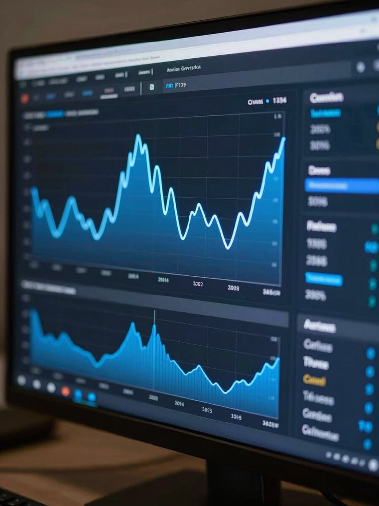 Close-up of a campaign analytics dashboard on a dark monitor, showing conversion rate and revenue metrics in sharp focus, electric blue chart lines prominent, clean studio lighting, no reflections