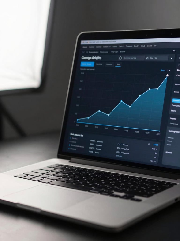 Close-up of a laptop screen displaying a campaign analytics dashboard, conversion rate graph trending upward, dark desk surface, clean high-key studio light from left, tight frame on the screen edge