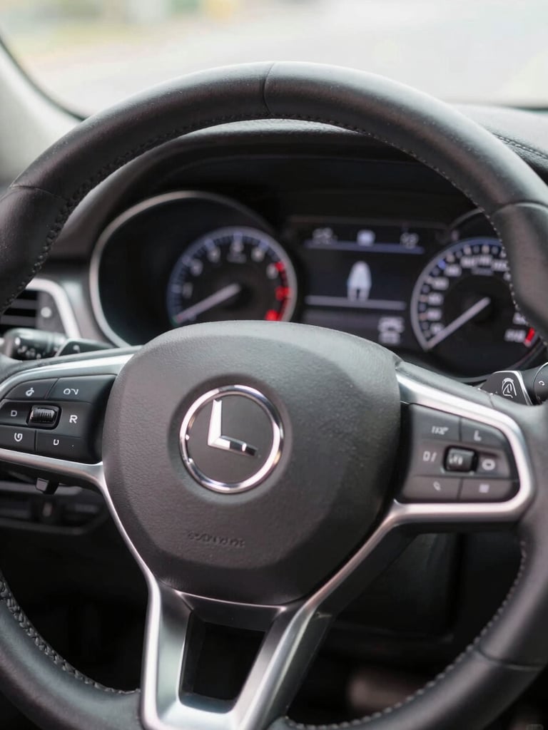 A close-up of a clean modern car dashboard with illuminated dials and steering wheel, soft natural light, crisp automotive photography, professional editorial style, 50mm lens