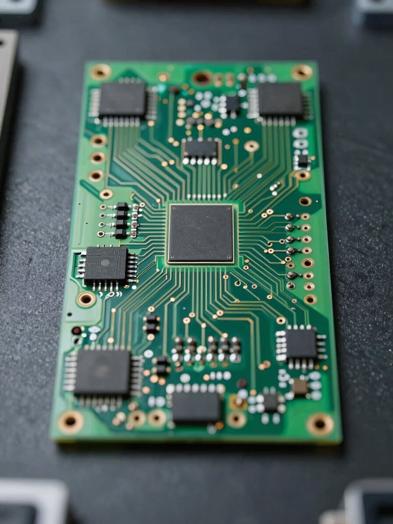 Macro overhead view of an industrial circuit board assembly laid flat on a matte dark test bench under controlled facility lighting, solder joints and component traces sharply resolved, no hands, no people, no text overlays