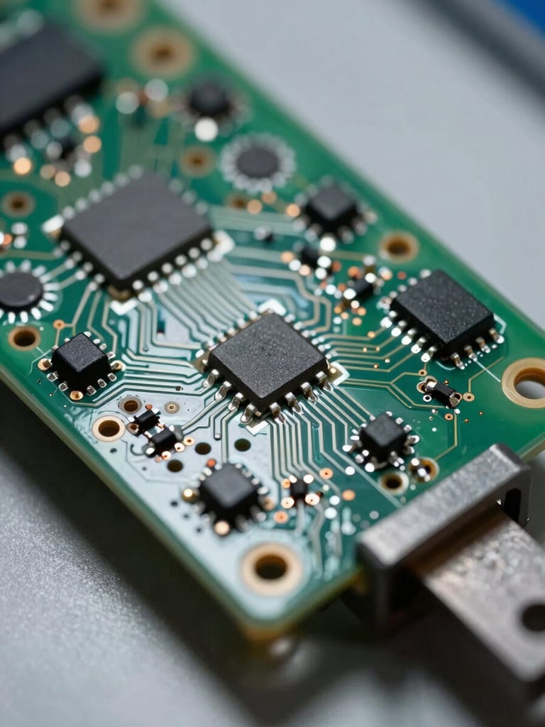 Close-up macro shot of a circuit board assembly mounted in a test fixture, soldered contacts and component traces sharply lit from directly above under controlled facility lighting, framing tight on the upper-left quadrant of the board with the fixture clamp visible at the lower right edge