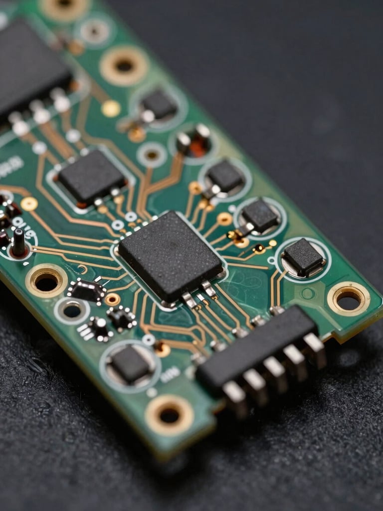 Extreme close-up macro of a precision industrial circuit board module, shot from slightly above at a shallow angle, controlled studio lighting illuminating solder joints and component markings with clinical clarity, deep black background, sharp focus on connector pins and copper traces