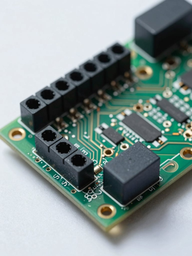 Close-up macro photograph of a hardware control module, exposed circuit board with labeled connector rows under controlled studio lighting, overhead documentation framing, no reflections, neutral background