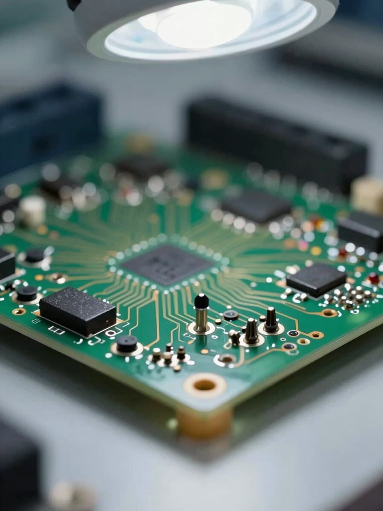 Close-up macro framing of a circuit board assembly inside a controlled lab environment, bright even overhead facility lighting illuminating solder joints and component traces, shallow depth of field pulling focus to a single test probe contact point, neutral grey workbench surface visible at frame edge