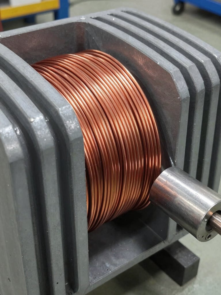 Close-up of thick pure copper wire winding around a massive transformer core, bright workshop daylight, sharp focus on metallic details