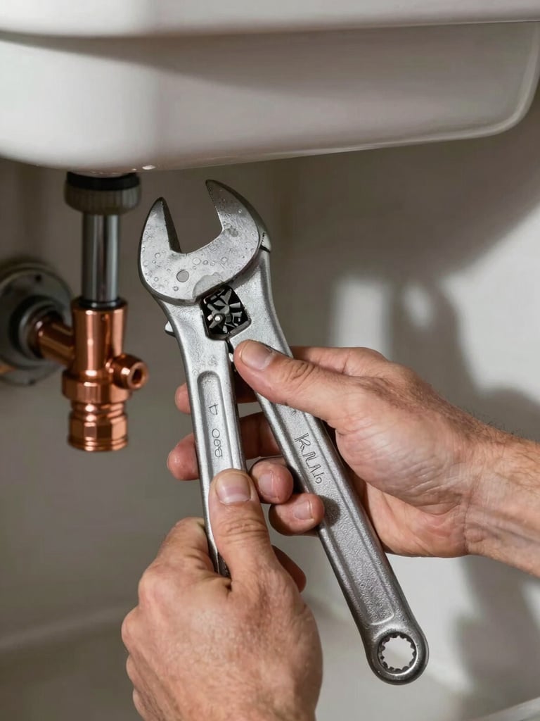 Close-up of a plumber's hands gripping a pipe wrench mid-repair beneath a sink, copper fittings visible, natural daylight from a nearby window casting authentic work-light across the scene, no staging