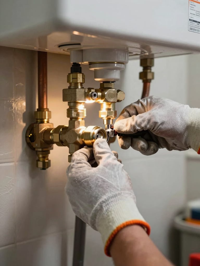 Close-up of a plumber's gloved hands tightening a pipe fitting on a water heater in a utility room, work light casting warm illumination on the metal fittings, authentic job-site environment with insulation and copper piping visible