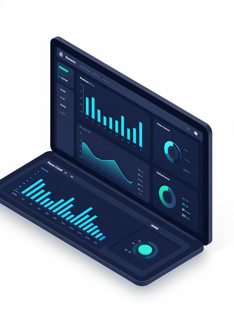 Isometric high-fidelity UI mockup of a dark-mode business admin dashboard, neon blue data visualizations, clean charts, deep shadows, sleek tech photography