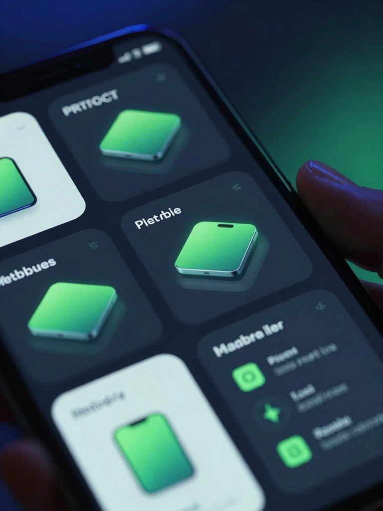 Sleek dark-mode tech photography, macro close-up of a mobile screen displaying a high-fidelity UI mockup with neon green accents, held in hand, sharp focus, 3d render style