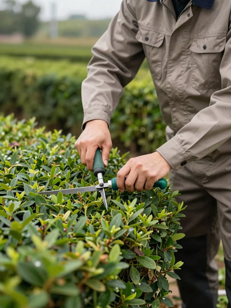 Professional gardener in clean branded workwear making a precise cut on a healthy hedge, soft overcast daylight, focus on hands and tool, rich green foliage, no face visible.