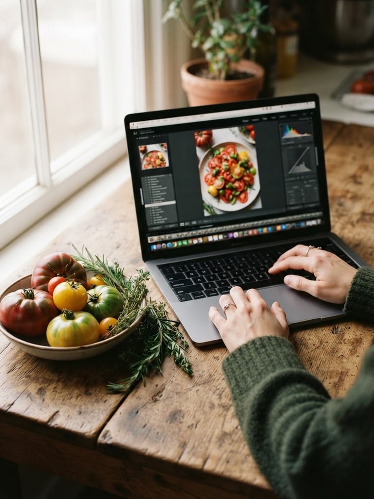Warm editorial photography of hands editing food photos on a laptop next to fresh heirloom tomatoes and rosemary sprigs on a rustic wooden table, soft natural window light, 35mm film look