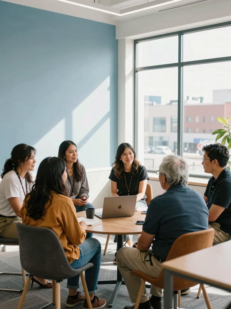 Environmental portrait of Indigenous tech founders collaborating with community elders in a bright modern Winnipeg office, warm natural light, 35mm