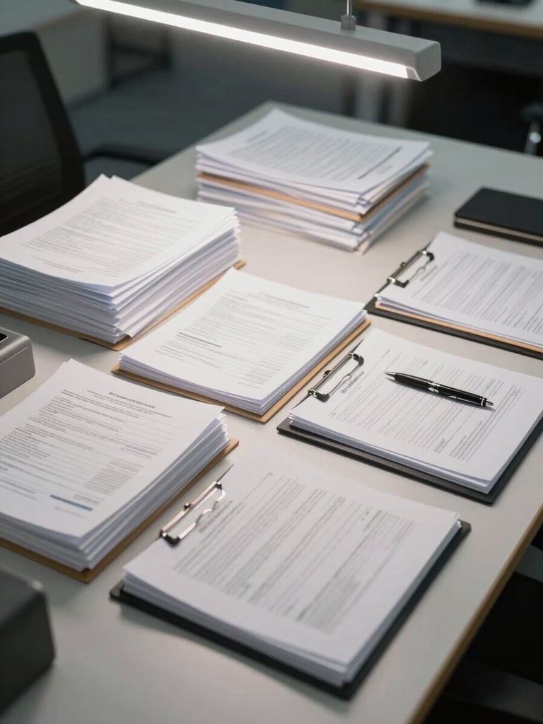 Wide shot of an organized professional desk from slightly above, documents and forms arranged in neat stacks, a pen resting on an open file folder, overhead office lighting, clean and orderly institutional workspace