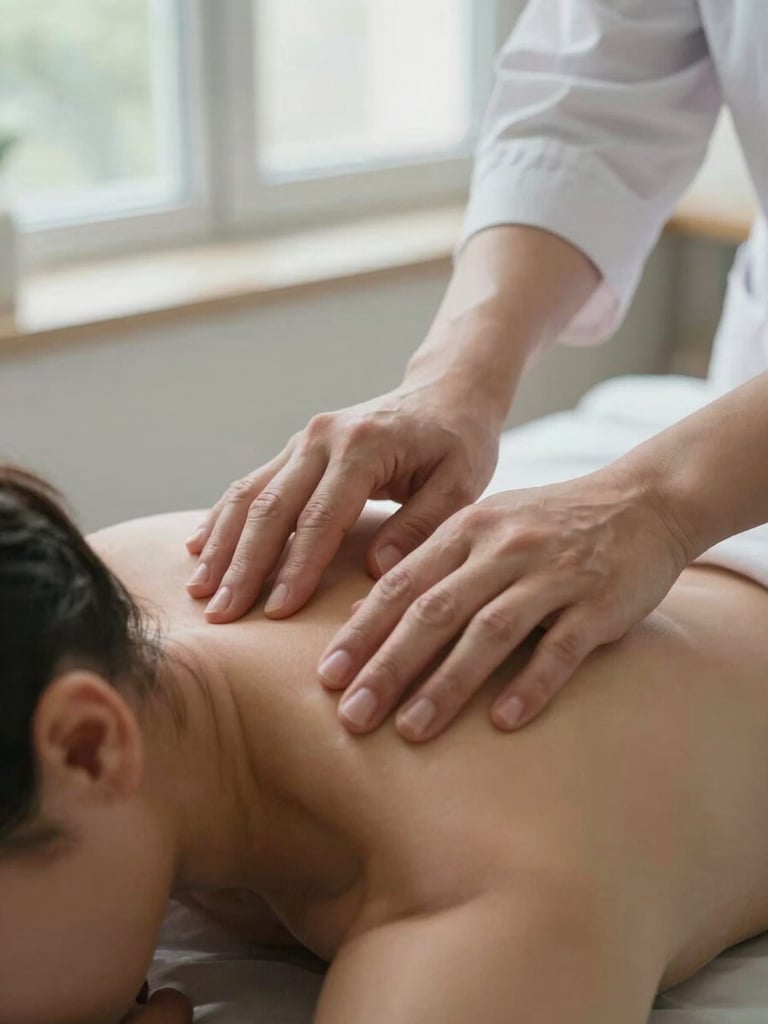 Close-up of a female physiotherapist's hands performing careful palpation assessment on a patient's shoulder, clinic treatment table visible, daylight through a window, white clinical coat sleeve, sharp focus on fingers and patient skin contact