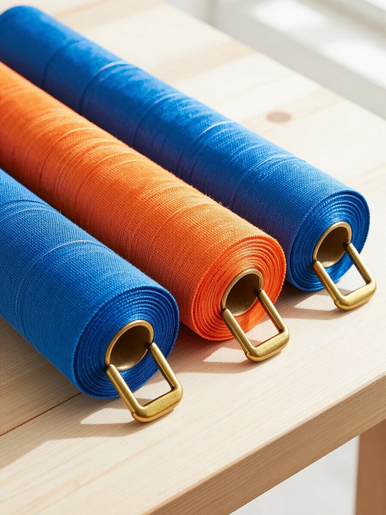 Sunlit craft workshop with rolls of vibrant blue and orange webbing, heavy brass buckles on a clean wooden workbench, high-key natural daylight