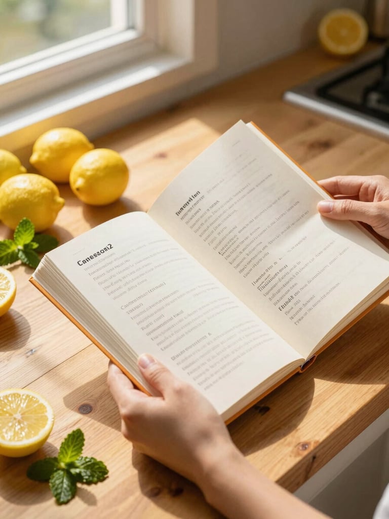 A close-up tactile shot of hands holding the open printed recipe book on a sun-drenched wooden kitchen counter, fresh lemons and mint leaves scattered nearby, warm golden-hour light.
