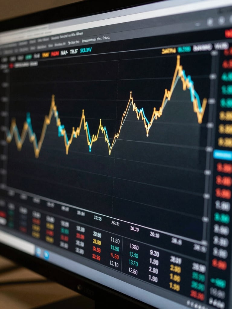 Extreme close-up of a fund performance dashboard on a high-resolution monitor, NAV trend lines in gold and cyan against a near-black background, precise numerical annotations visible, screen glow the only light source, documentary framing
