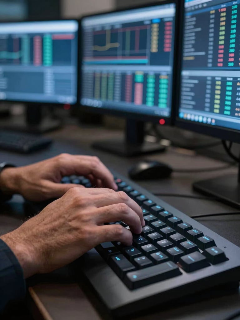 Extreme close-up of a trader's hands on a mechanical keyboard, three monitors glowing in the background showing live NIFTY tick data, cool blue screen light casting on forearms, late-night trading floor atmosphere, no text visible, documentary framing