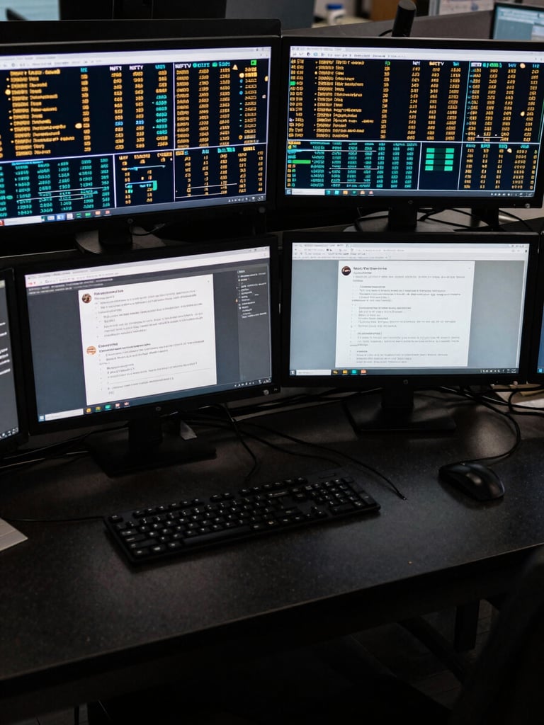 Close overhead view of a dark trading desk, multiple monitors displaying live NIFTY portfolio positions and member discussion threads, screen glow in gold and cyan casting across the surface, tight documentary framing, no visible faces