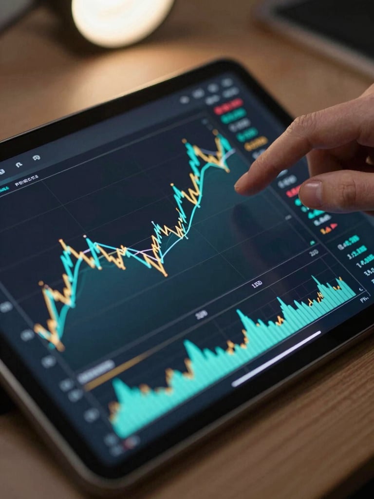 Extreme close-up overhead of a tablet screen displaying a multi-line trend chart with team performance curves in neon cyan and gold on a dark background, a focused hand hovering near the screen mid-analysis, desk surface visible at edges, cool studio light from above