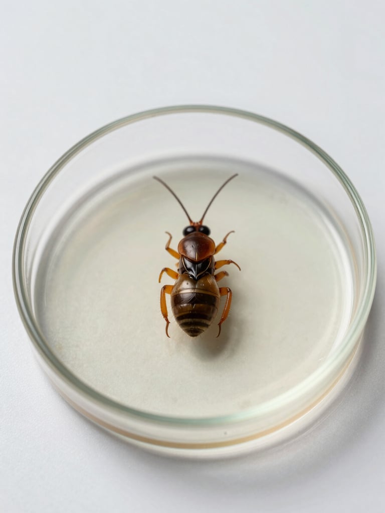 Extreme macro shot of a scientific glass petri dish containing a single, isolated urban pest specimen, clean white clinical background, soft natural daylight, sharp focus.