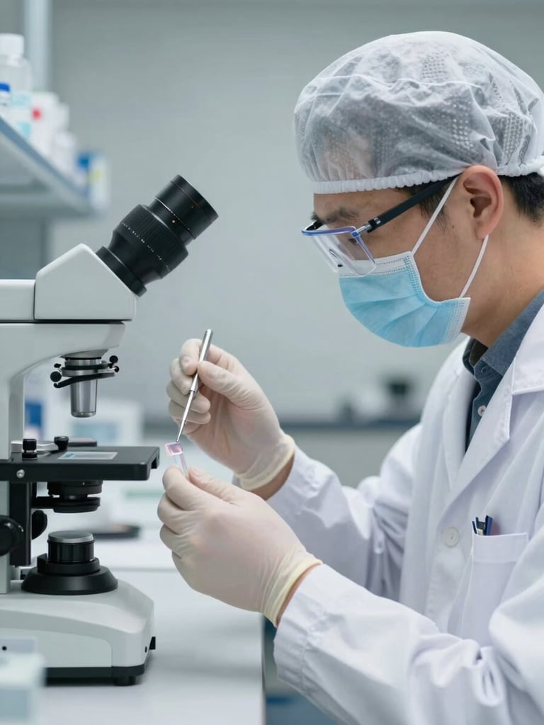 Professional laboratory technician in a clean white uniform examining a biological sample with precision tools, bright clinical lighting, neutral gray background.