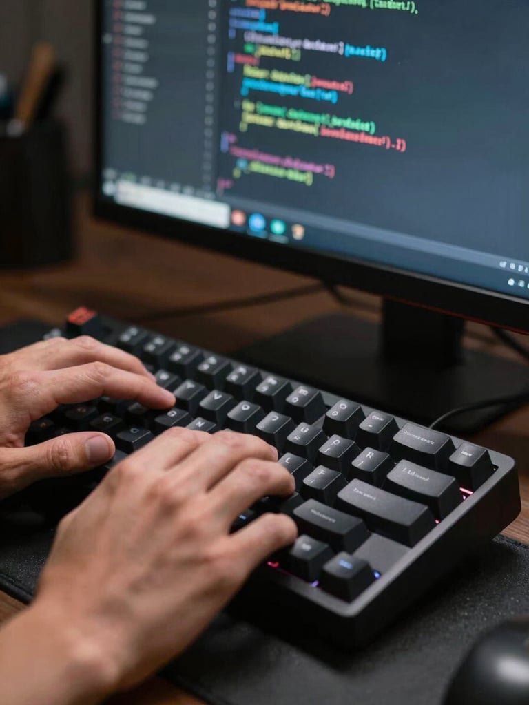 Close-up of a developer's hands at a mechanical keyboard, lines of application code sharp on a monitor in the background, cool studio strobe light, tight framing on the hardware and screen detail