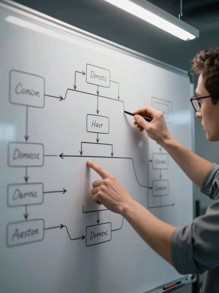 Close-up of hands pointing at a whiteboard covered in process flow diagrams during an active planning session, cool overhead studio light, marker lines and decision nodes clearly visible