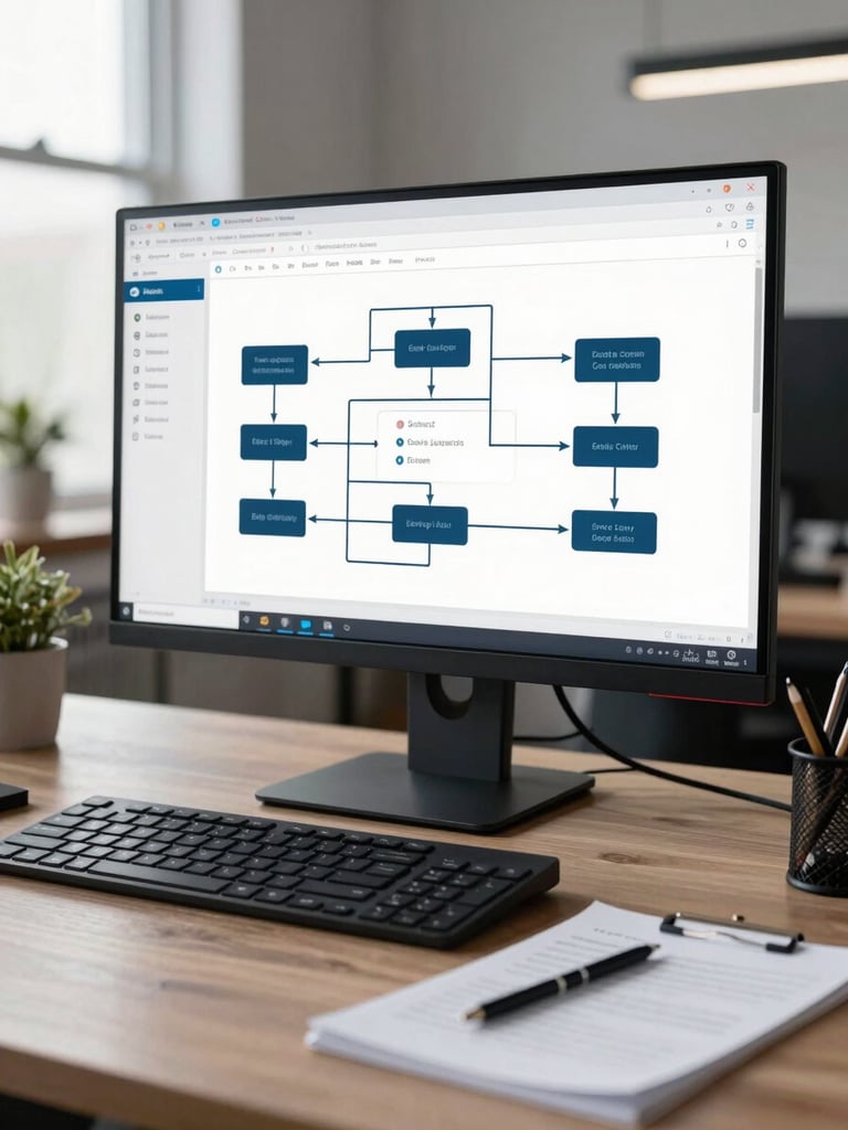 Wide view of a developer's monitor displaying application interface with data pipeline diagrams in a clean studio-lit workspace, keyboard and technical notes in foreground, cool daylight from left