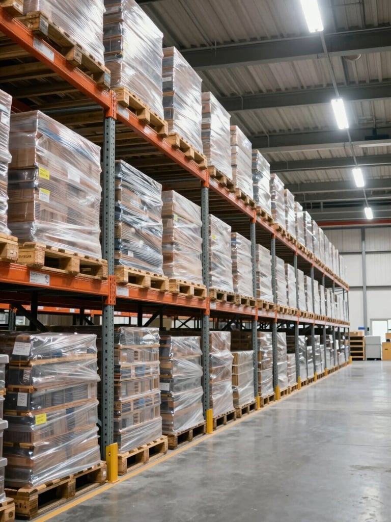 Wide interior shot of an organized commercial warehouse, rows of neatly stacked pallets and shelving units receding into depth, bright consistent overhead daylight, straight-on framing with generous right-side negative space