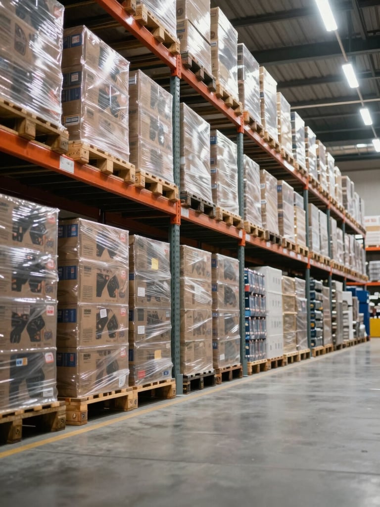 Wide shot of organized warehouse shelving from a low angle, rows of neatly stacked merchandise pallets extending into the background under bright consistent overhead lighting, clean concrete floor visible in the foreground