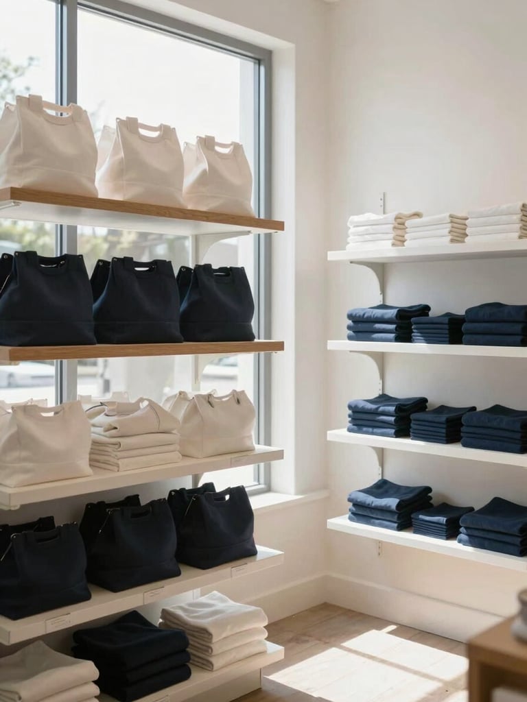 Interior of a warm local boutique in Peoria Heights, sunlight streaming through large windows, neatly arranged shelves, crisp environmental photography, 35mm