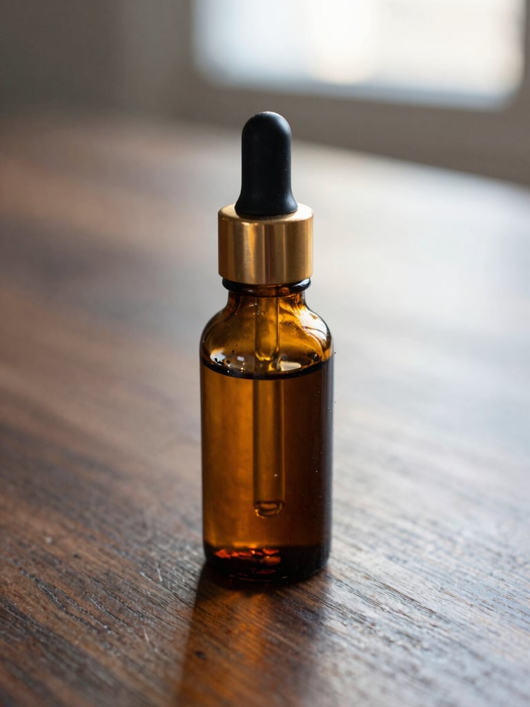 A close-up portrait of an amber glass tincture bottle with a brass dropper resting on a dark walnut surface, soft directional afternoon light.