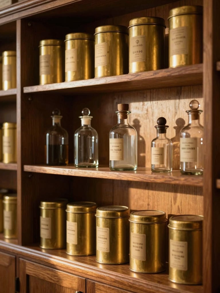 A warm, mid-century style apothecary interior with walnut wood shelving, soft brass canisters, and clean glass tincture bottles, golden hour light.