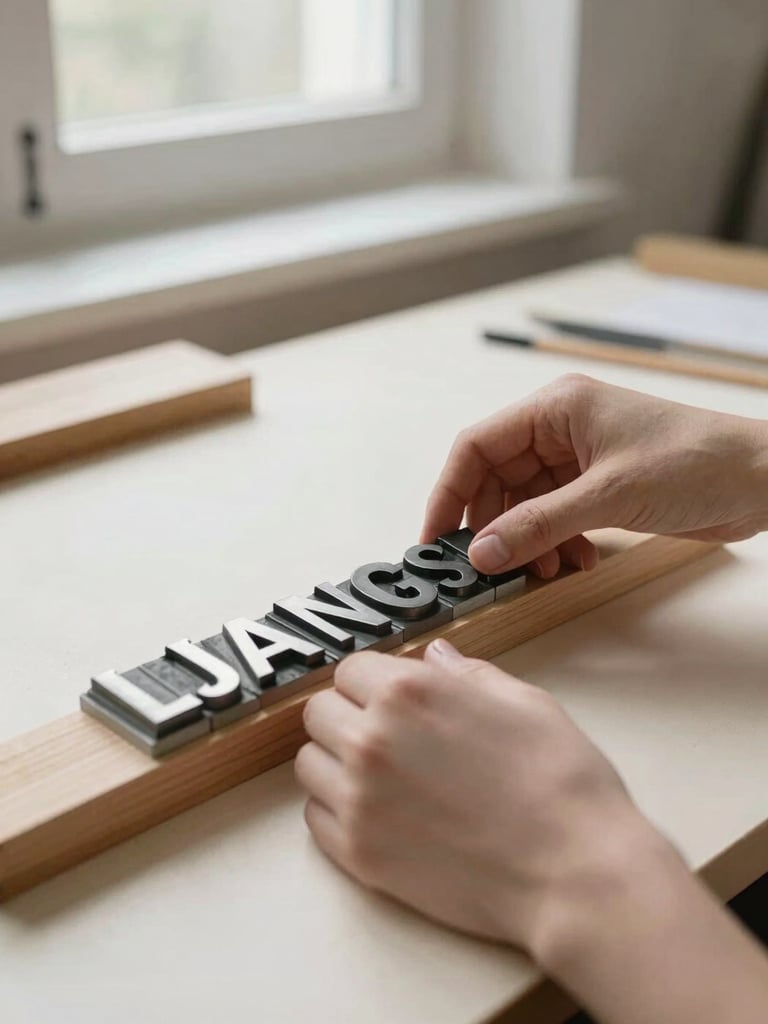 Hands of a designer arranging letterpress metal type blocks on a wooden composing stick in a sunlit Layton studio, soft side lighting, tactile craft focus.