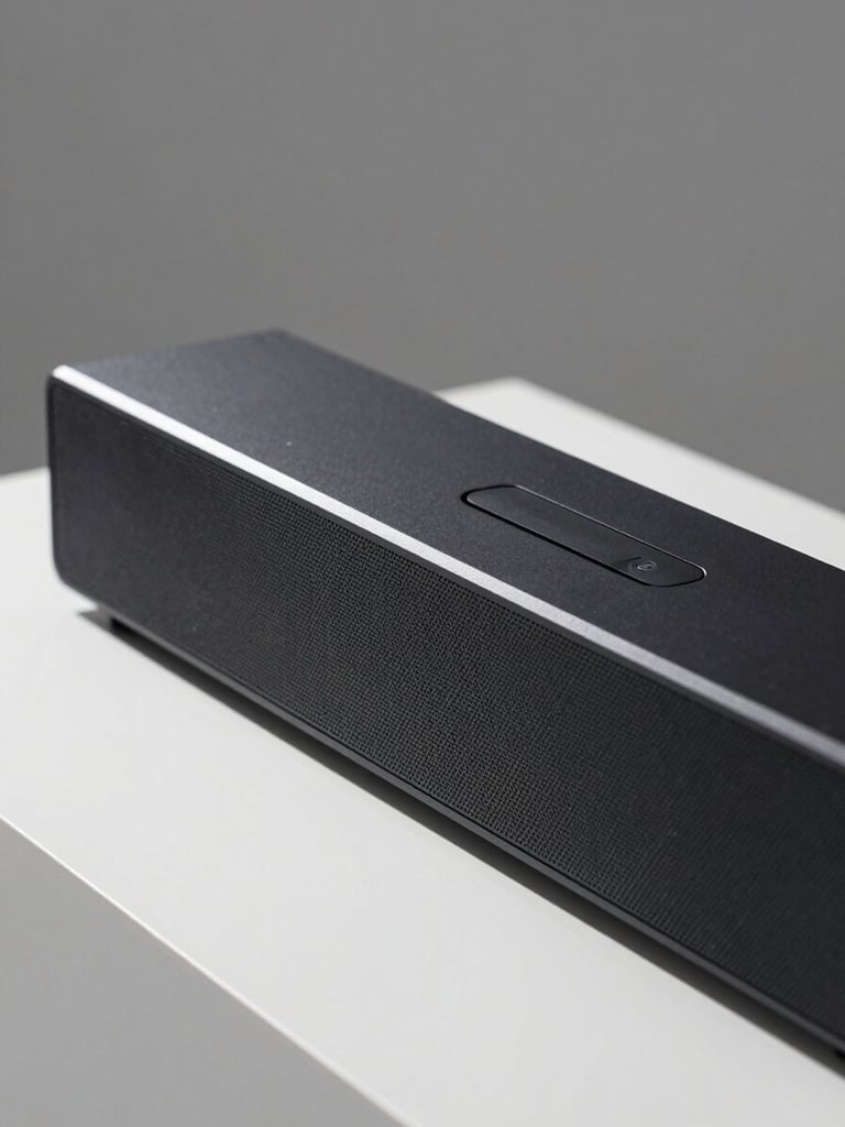 Close-up three-quarter angle of a sleek black soundbar on a clean white studio surface, studio strobe lighting casting sharp controlled shadows, neutral grey background, product facing slightly right, full detail visibility on grille texture and finish