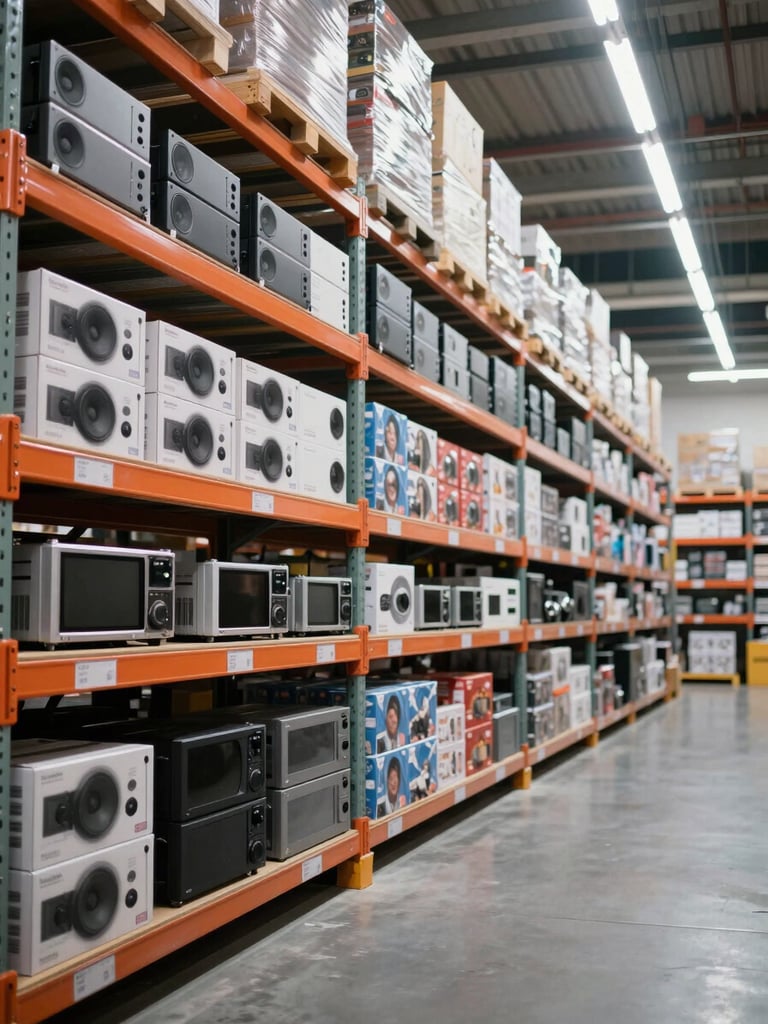 Wide-angle view of a clean warehouse aisle from the left, shelves stacked with boxed audio equipment and packaged gift sets in organized rows, neutral grey floor, bright overhead fluorescent lighting, sharp depth of field revealing volume and order