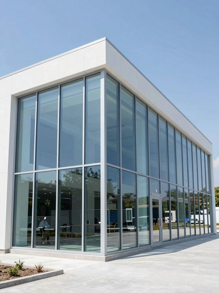 Crisp architectural photography of a newly sealed commercial glass window envelope, bright daylight, professional execution.
