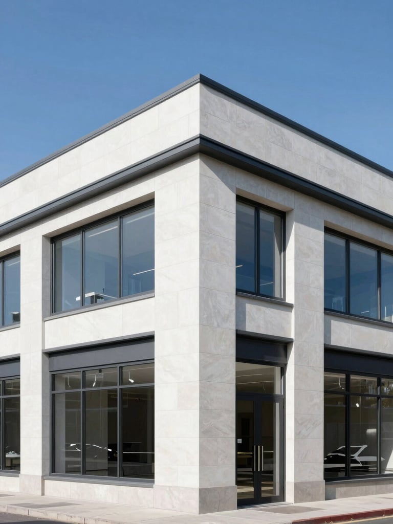 Crisp daylight photograph of professional masonry and stone restoration on a commercial facade, clean lines, sharp focus, architectural detail.